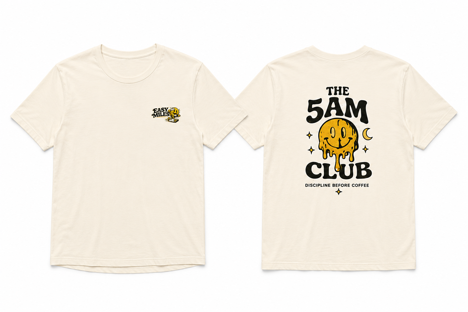 Front and back view of Easy Miles 5AM Club running culture t-shirt.