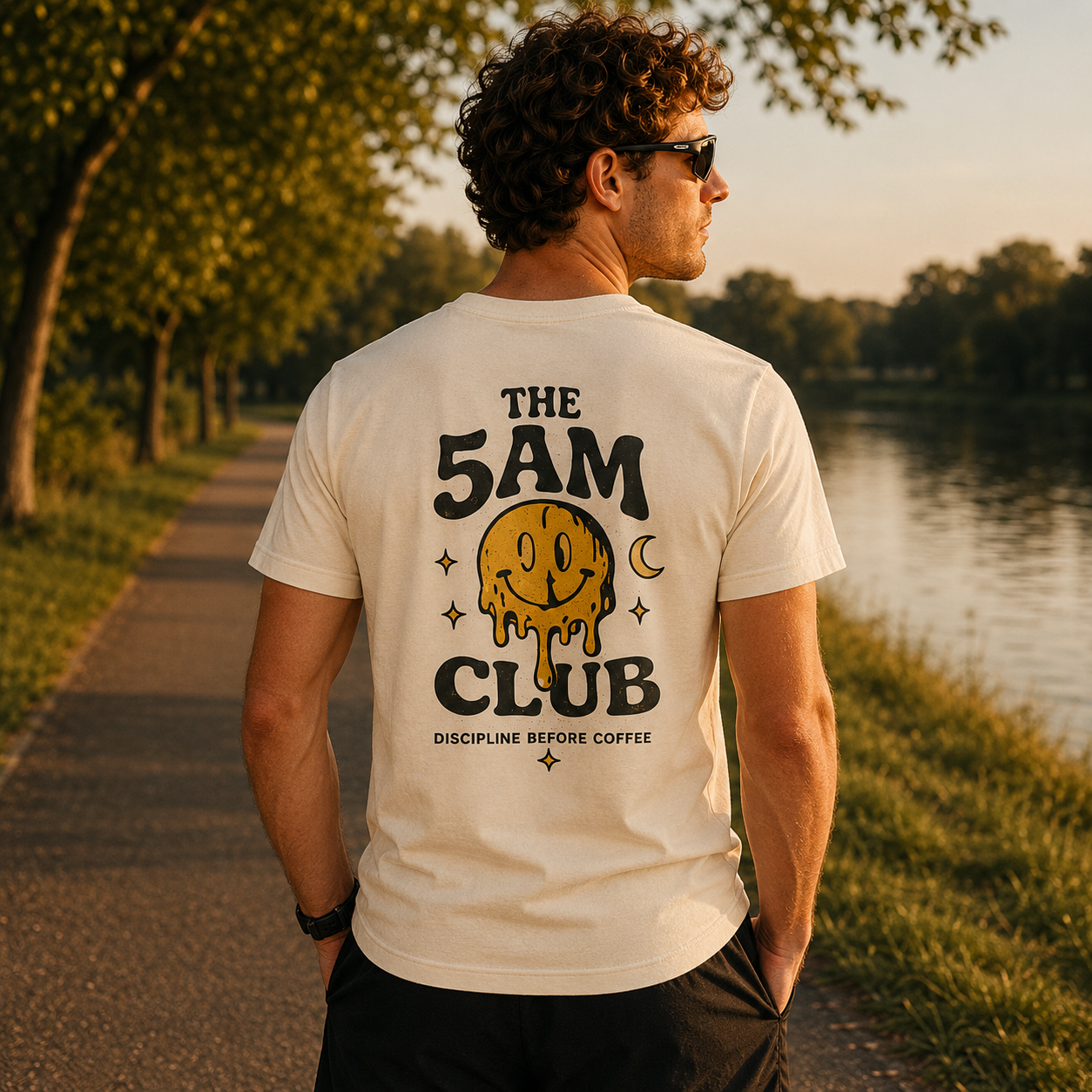 Runner wearing Easy Miles 5AM Club graphic t-shirt on an early morning run.