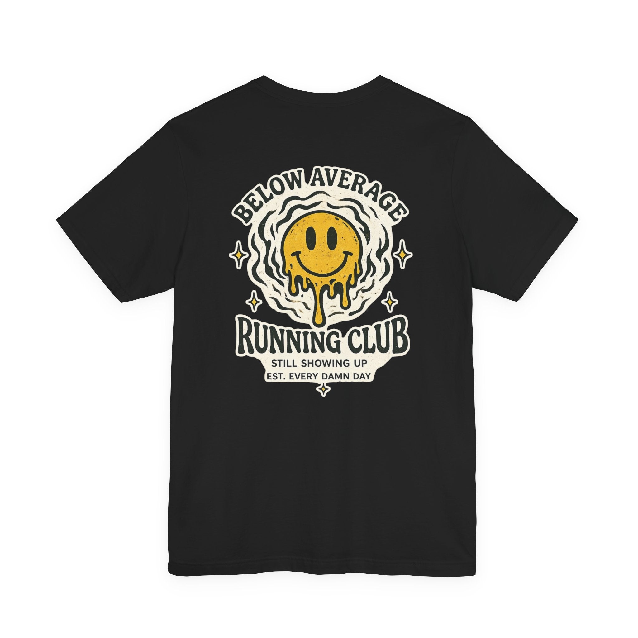 Easy Miles Below Average Running Club graphic t-shirt in Black.