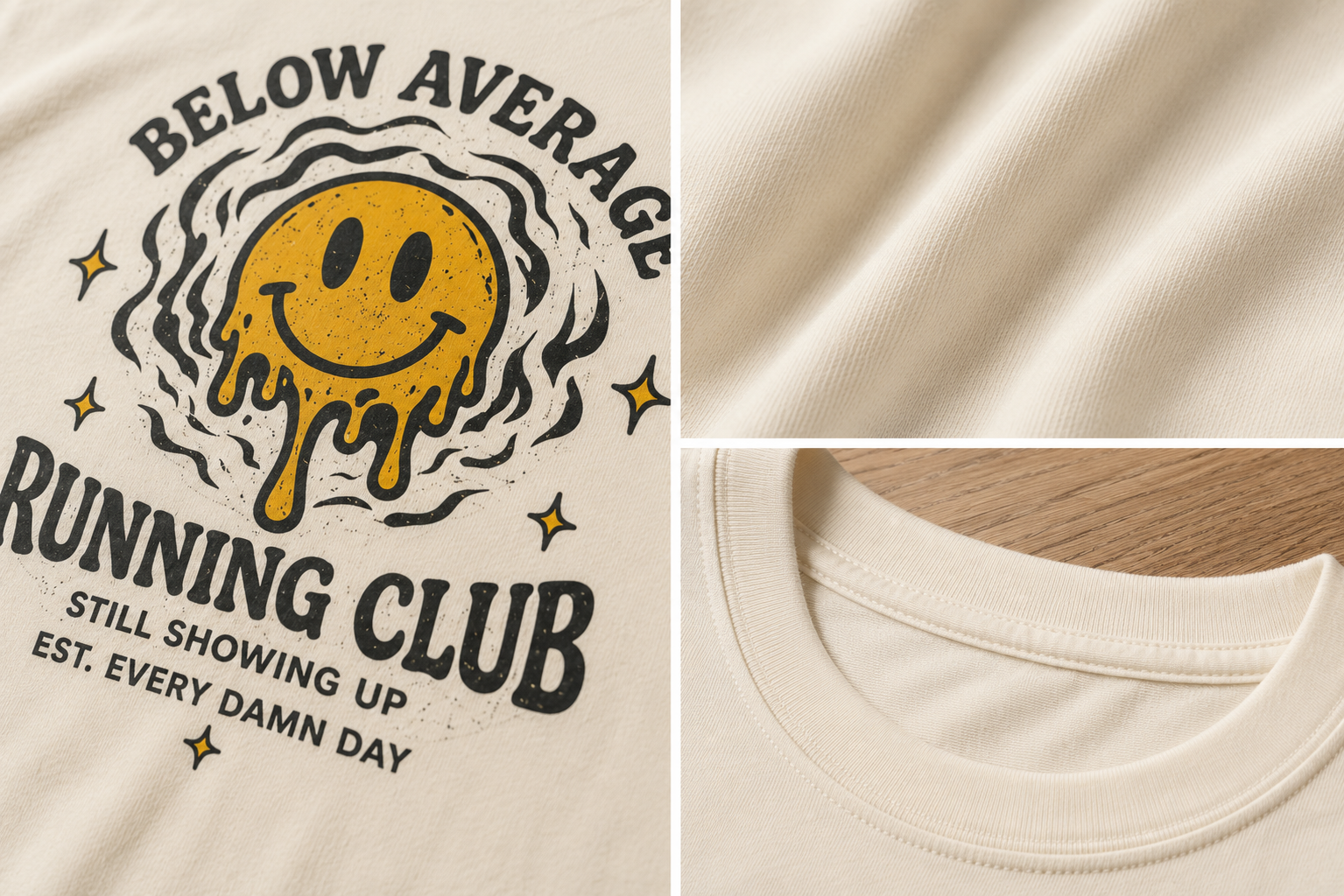 Close-up detail of Easy Miles Below Average Running Club graphic printed on premium cotton t-shirt.