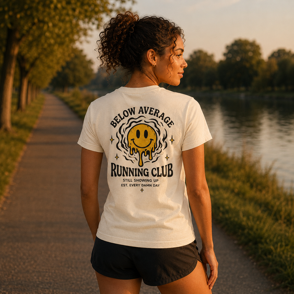 Female runner wearing Easy Miles Below Average Running Club graphic t-shirt during a casual run.