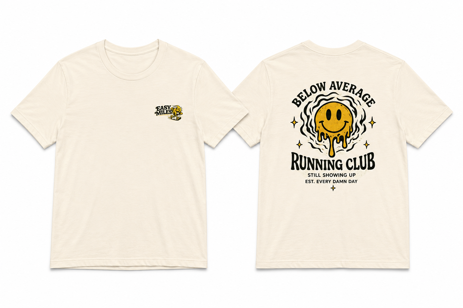 Front and back view of Easy Miles Below Average Running Club running culture t-shirt.