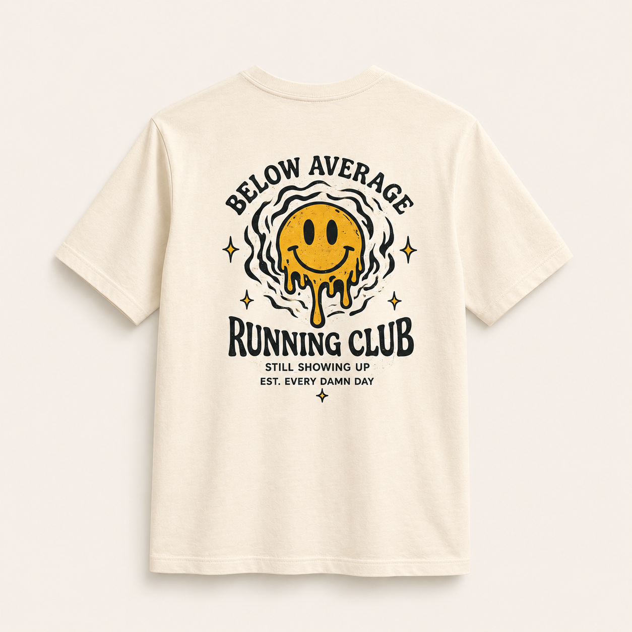 Easy Miles Below Average Running Club graphic running culture t-shirt in Natural featuring vintage humorous running design.