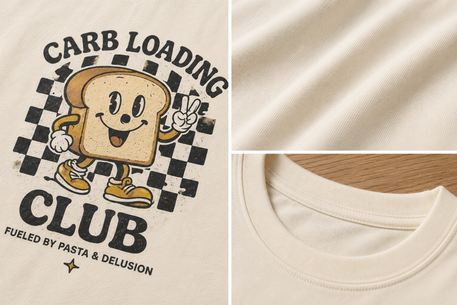 Close-up detail of Easy Miles Carb Loading Club graphic printed on premium cotton t-shirt.
