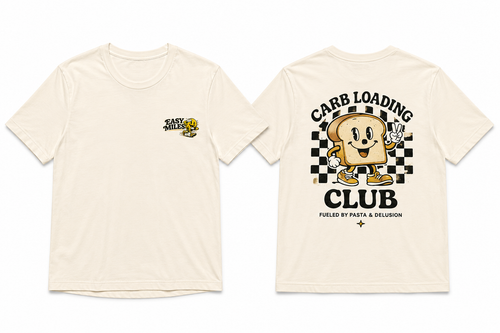 Front and back view of Easy Miles Carb Loading Club running culture t-shirt.