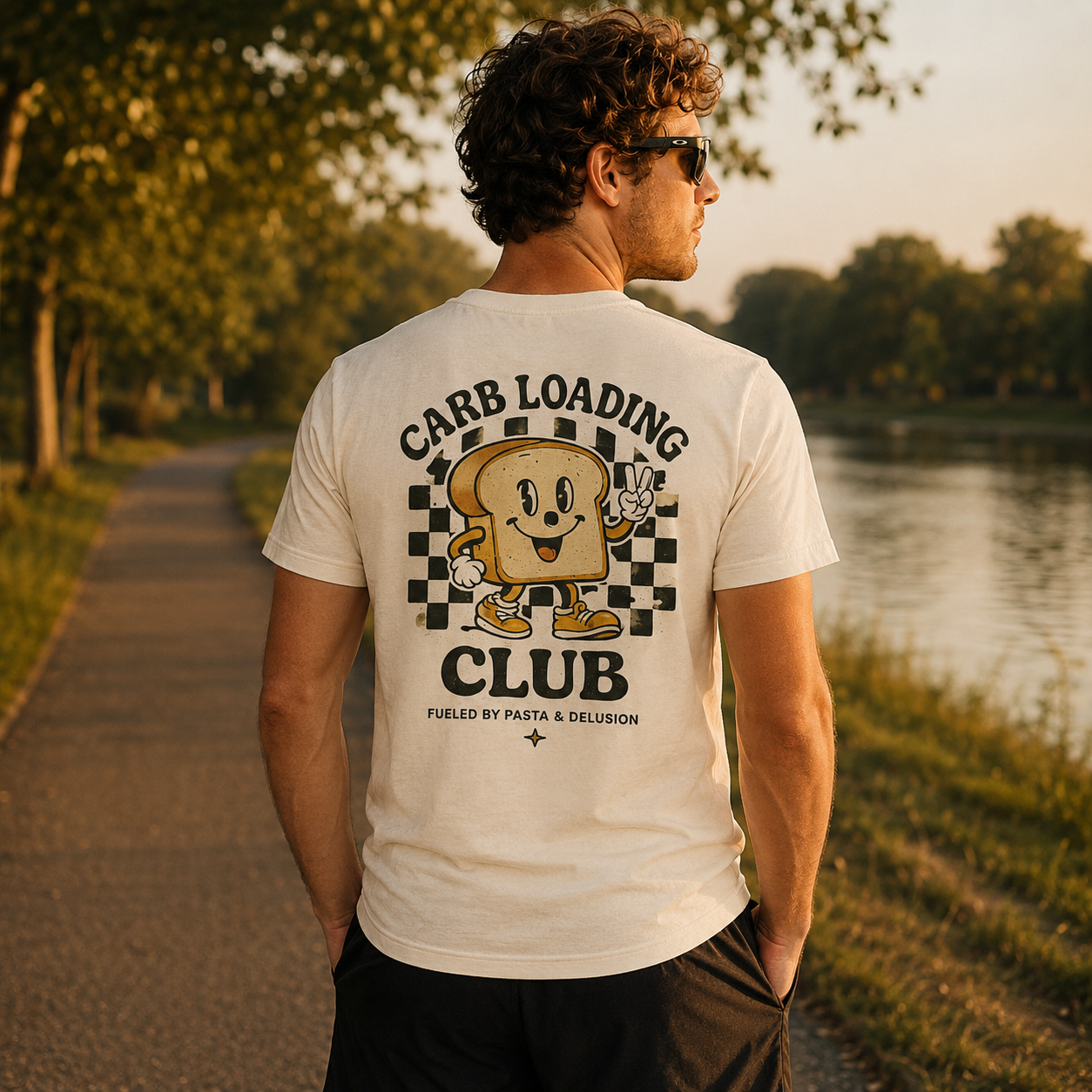 Runner wearing Easy Miles Carb Loading Club graphic t-shirt as part of running culture apparel.