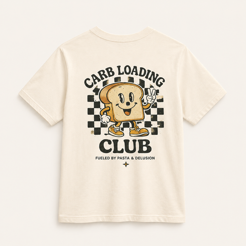Easy Miles Carb Loading Club graphic running culture t-shirt in Natural featuring vintage pasta and running inspired design.