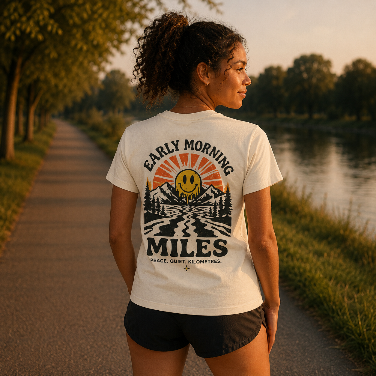 Female runner wearing Easy Miles Early Morning Miles graphic t-shirt at sunrise.