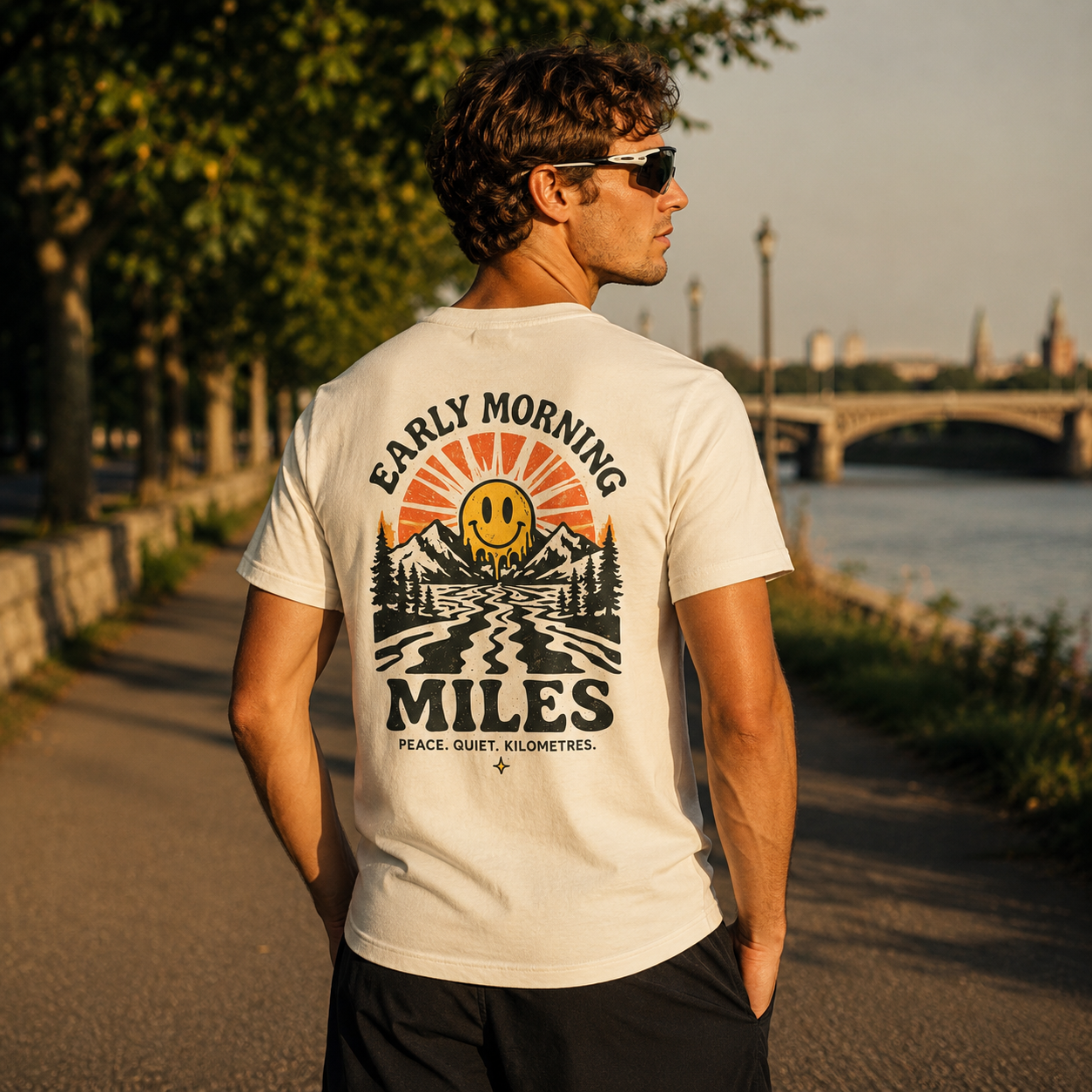 Runner wearing Easy Miles Early Morning Miles graphic t-shirt during an early morning run.