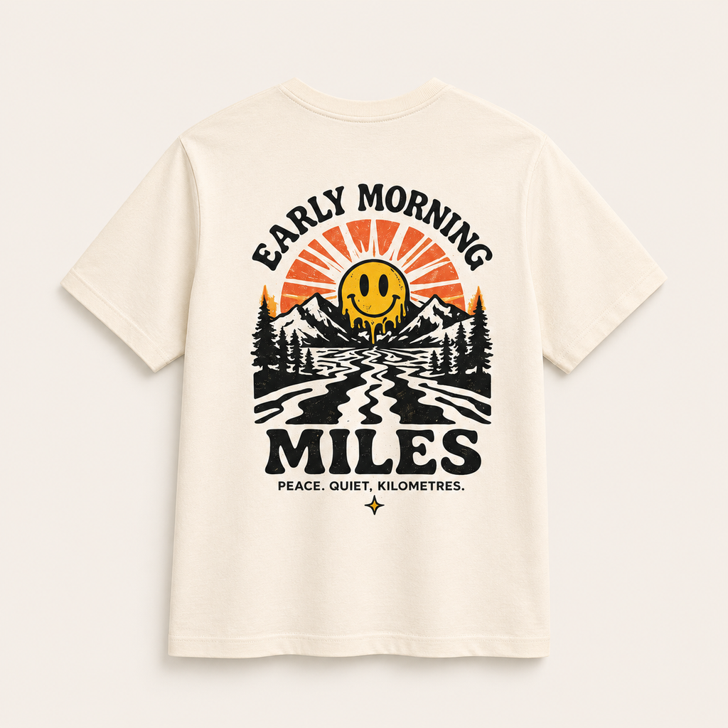 Easy Miles Early Morning Miles graphic running culture t-shirt in Natural featuring vintage sunrise running design.