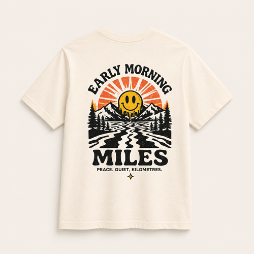 Easy Miles Early Morning Miles graphic running culture t-shirt in Natural featuring vintage sunrise running design.