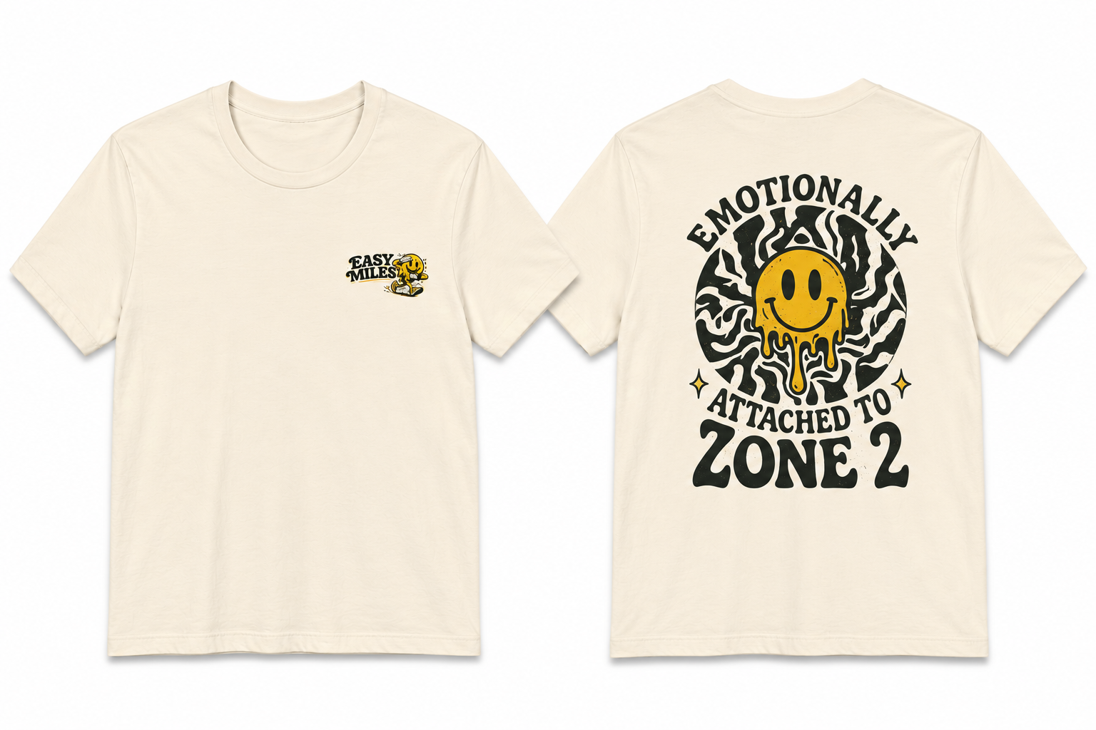 Front and back view of Easy Miles Emotionally Attached to Zone 2 running culture t-shirt.
