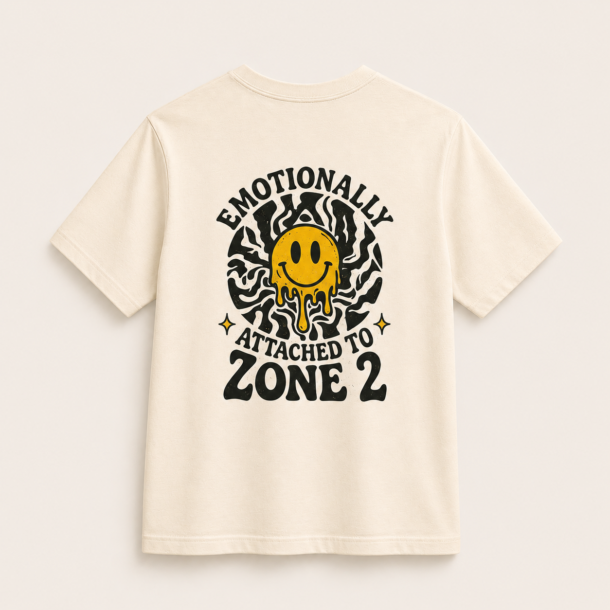 Easy Miles Emotionally Attached to Zone 2 graphic running culture t-shirt in natural colour featuring vintage smiley face design.