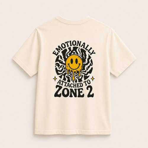 Easy Miles Emotionally Attached to Zone 2 graphic running culture t-shirt in natural colour featuring vintage smiley face design.