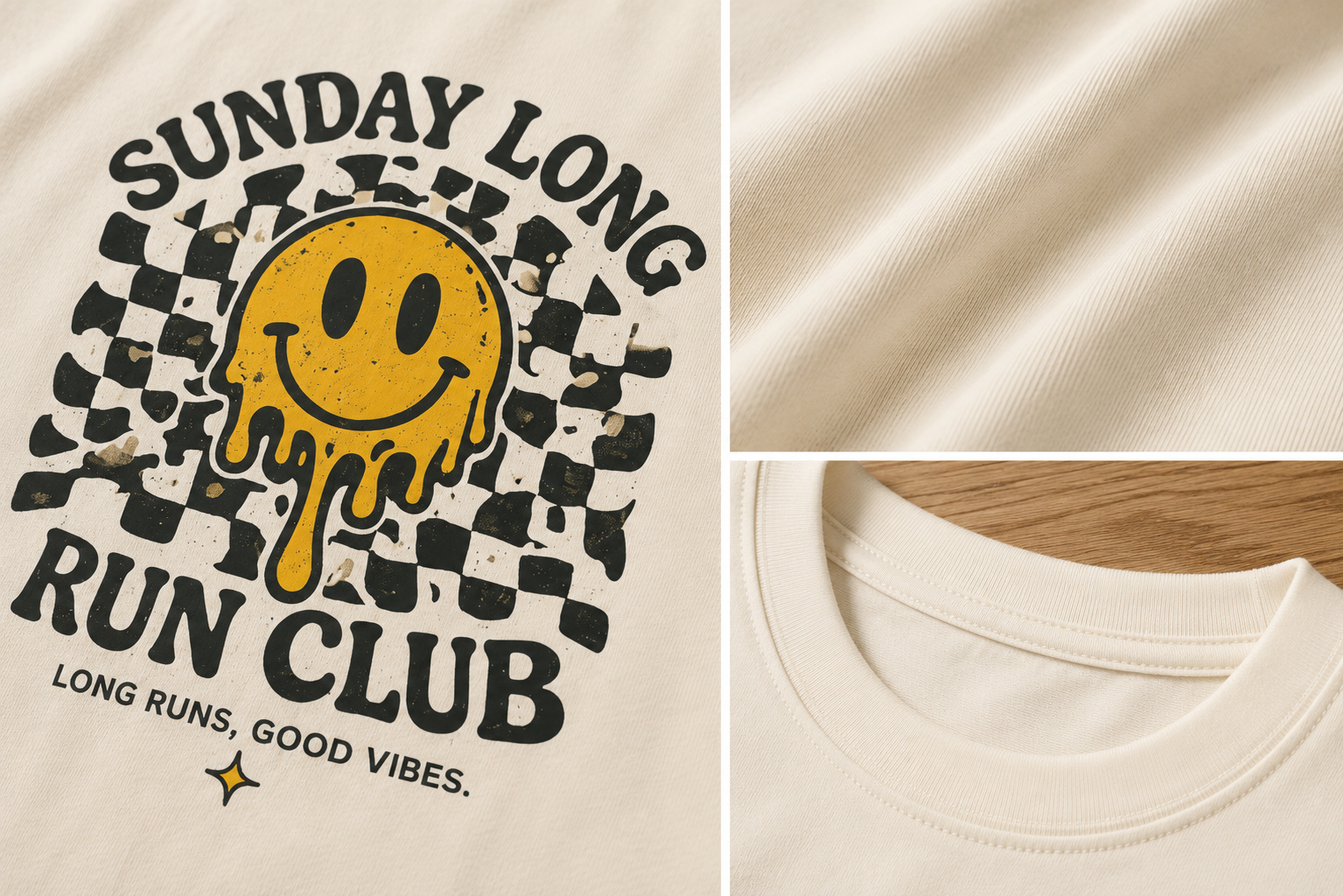 Close-up detail of Easy Miles Sunday Long Run Club graphic printed on premium cotton t-shirt.