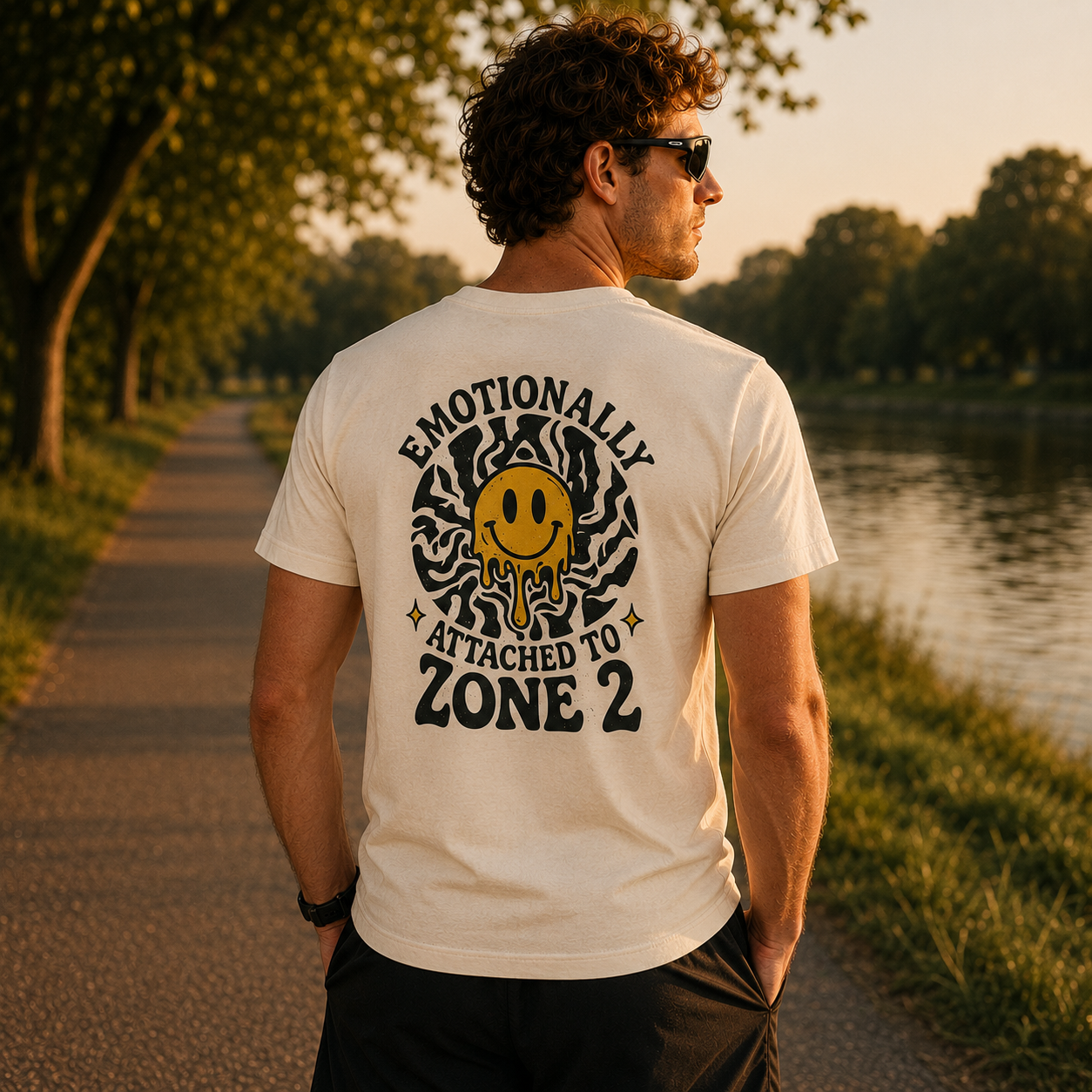 Runner wearing Easy Miles Emotionally Attached to Zone 2 t-shirt during an outdoor run.